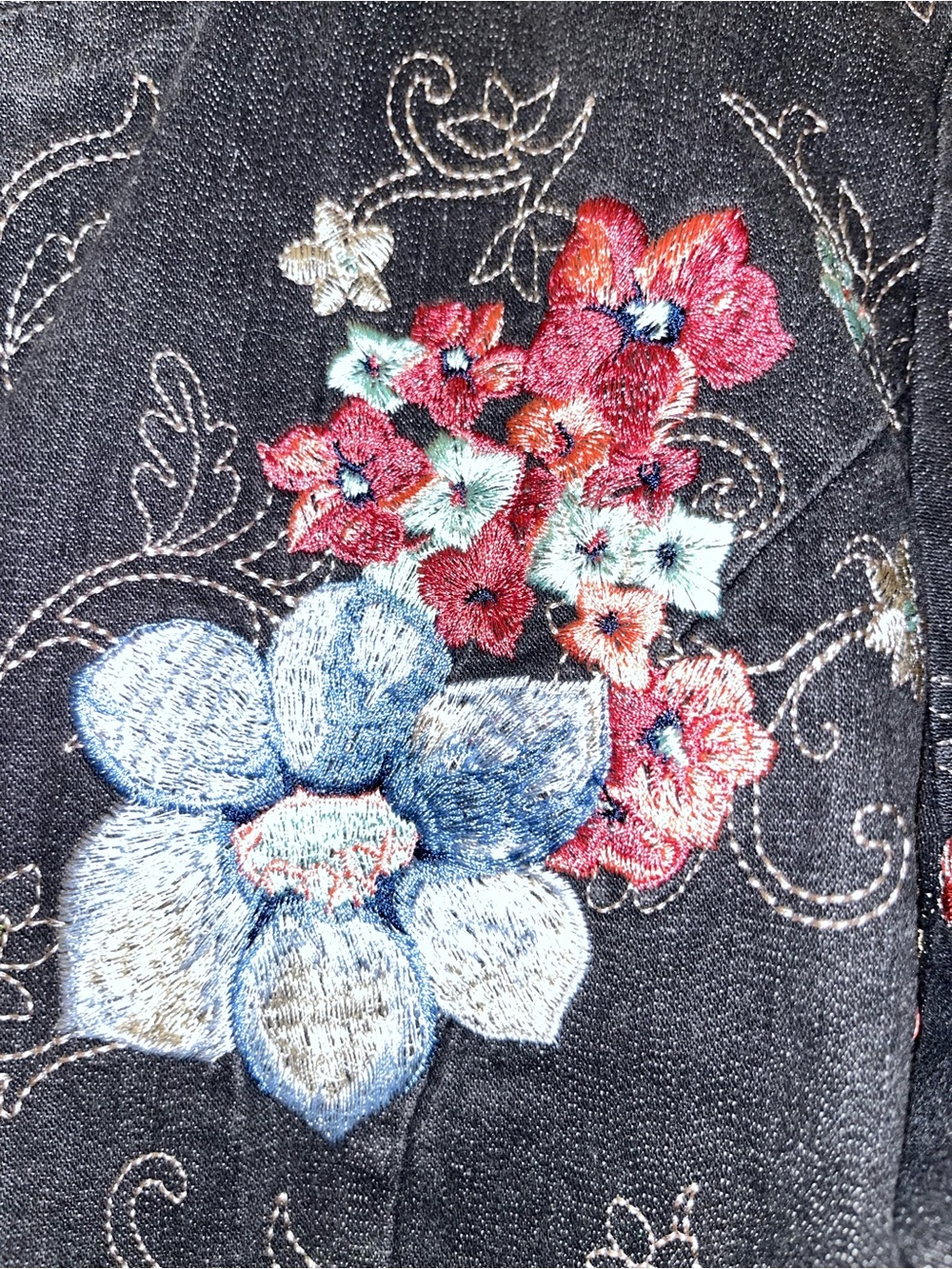 Denim & Co Beautiful Floral Embroidered Black Jean Jacket - Picture 4 of 16